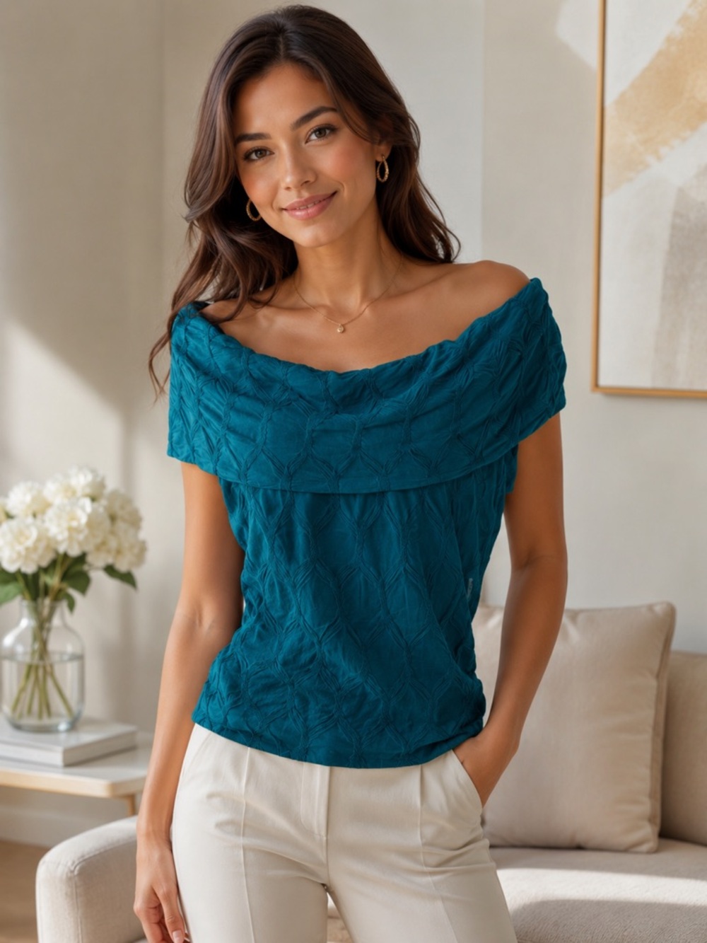 Studio Teal Textured Off Shoulder Blouse Elegant Stretch Top Size Large